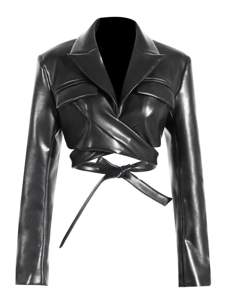 Women&#39;s Black PU Leather Waistband Outdoor Jacket