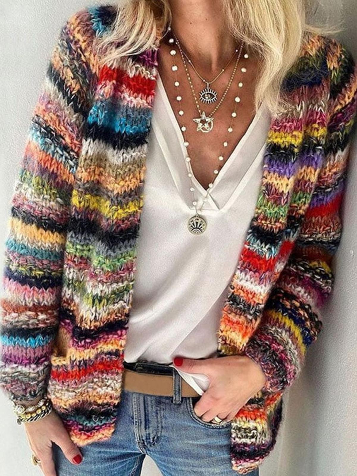 Women&#39;s Colorful Striped Knit Cardigan Sweater