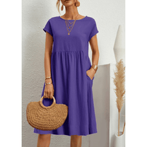 Women&#39;s Cotton Linen A-Line Short Sleeve Midi Dress
