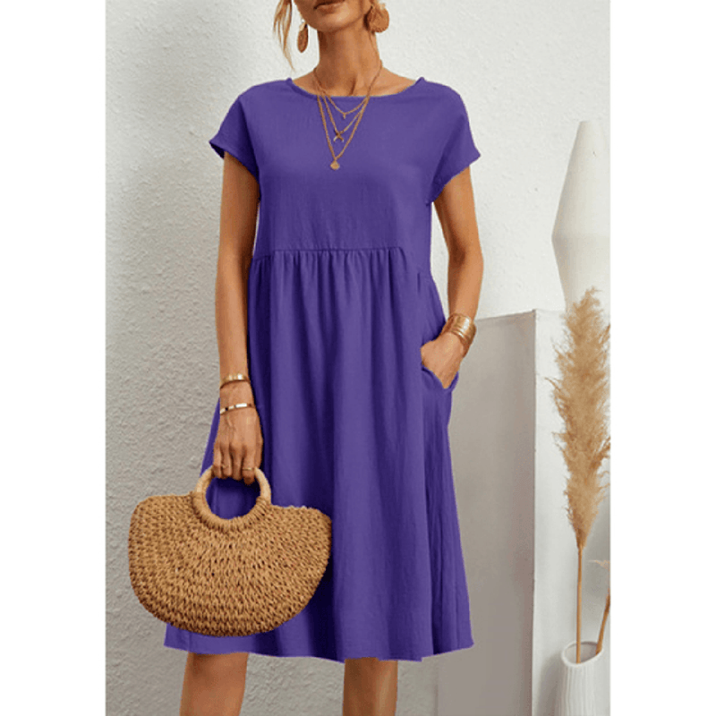 Women&#39;s Cotton Linen A-Line Short Sleeve Midi Dress