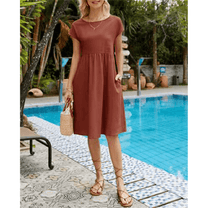 Women&#39;s Cotton Linen A-Line Short Sleeve Midi Dress