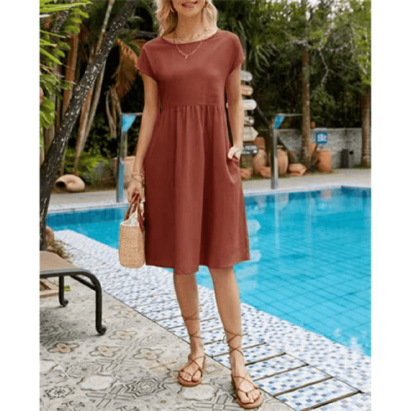 Women&#39;s Cotton Linen A-Line Short Sleeve Midi Dress