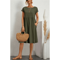 Women&#39;s Cotton Linen A-Line Short Sleeve Midi Dress