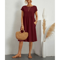 Women&#39;s Cotton Linen A-Line Short Sleeve Midi Dress