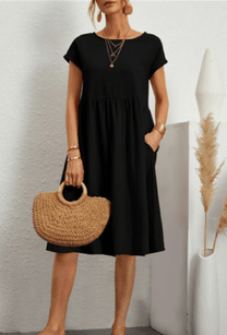 Women&#39;s Cotton Linen A-Line Short Sleeve Midi Dress