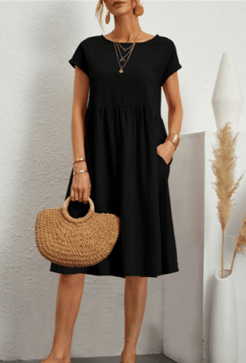 Women&#39;s Cotton Linen A-Line Short Sleeve Midi Dress