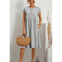 Women&#39;s Cotton Linen A-Line Short Sleeve Midi Dress