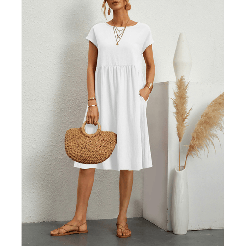 Women&#39;s Cotton Linen A-Line Short Sleeve Midi Dress