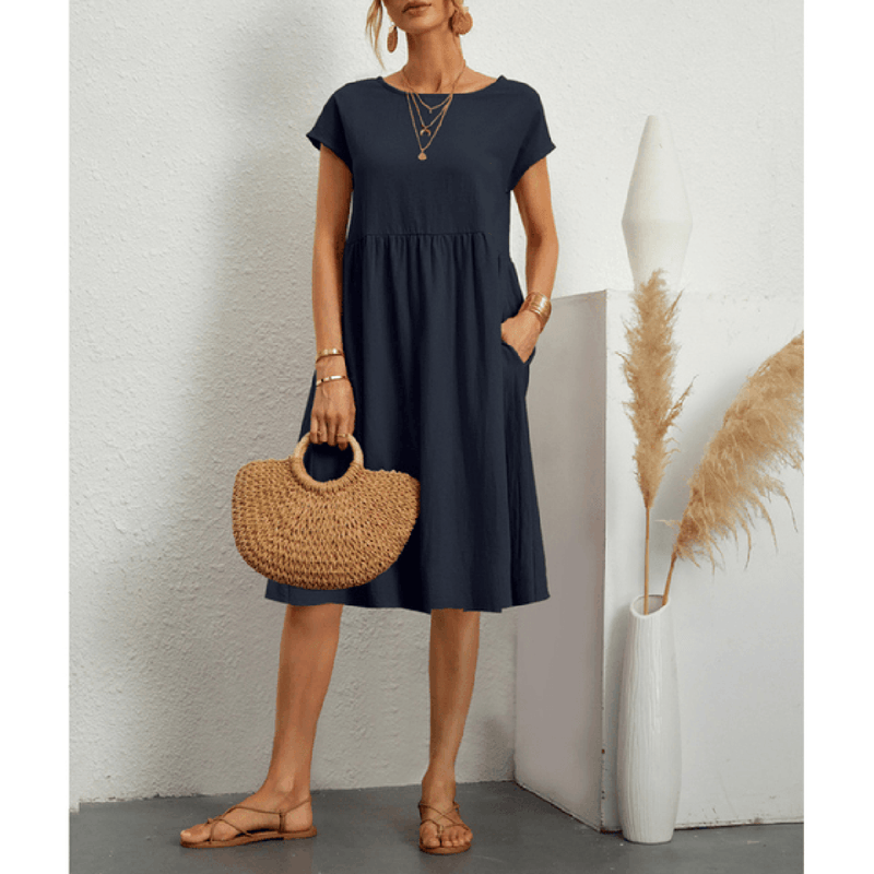 Women&#39;s Cotton Linen A-Line Short Sleeve Midi Dress