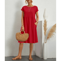 Women&#39;s Cotton Linen A-Line Short Sleeve Midi Dress