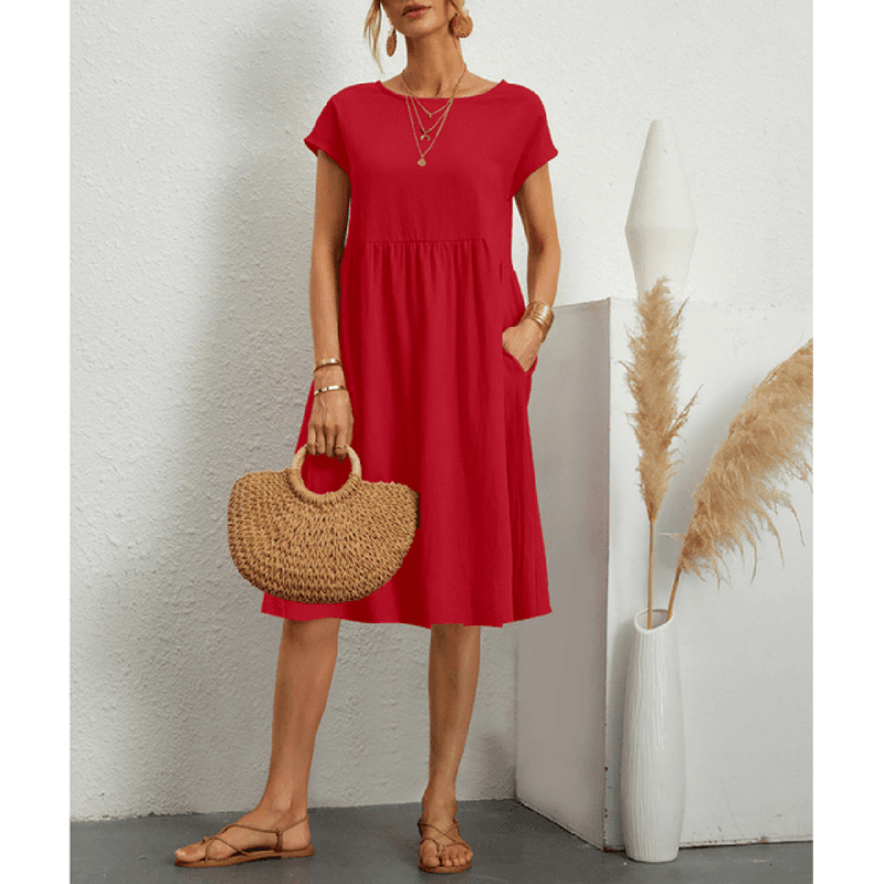 Women&#39;s Cotton Linen A-Line Short Sleeve Midi Dress