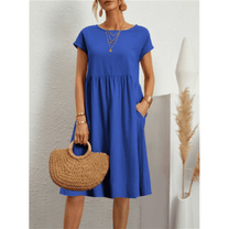 Women&#39;s Cotton Linen A-Line Short Sleeve Midi Dress