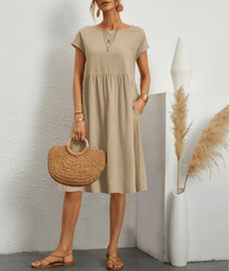 Women&#39;s Cotton Linen A-Line Short Sleeve Midi Dress