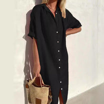 Women&#39;s Cotton-Linen Button-Down Midi Shirt Dress