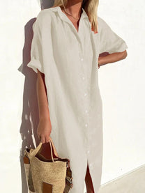Women&#39;s Cotton-Linen Button-Down Midi Shirt Dress