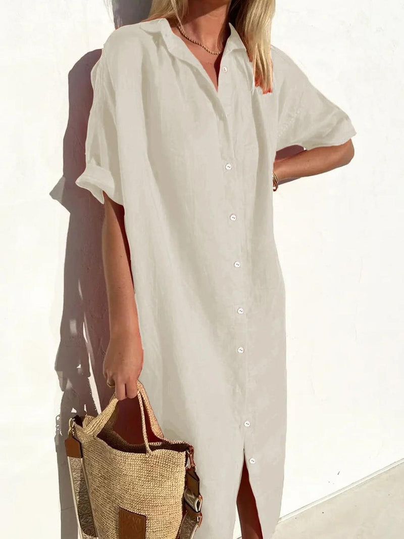 Women&#39;s Cotton-Linen Button-Down Midi Shirt Dress