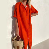 Women&#39;s Cotton-Linen Button-Down Midi Shirt Dress