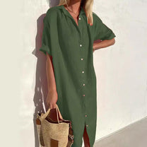 Women&#39;s Cotton-Linen Button-Down Midi Shirt Dress