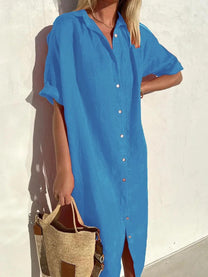 Women&#39;s Cotton-Linen Button-Down Midi Shirt Dress
