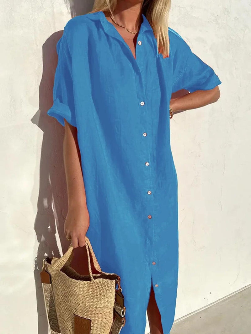 Women&#39;s Cotton-Linen Button-Down Midi Shirt Dress