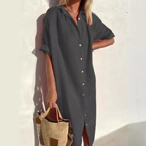 Women&#39;s Cotton-Linen Button-Down Midi Shirt Dress