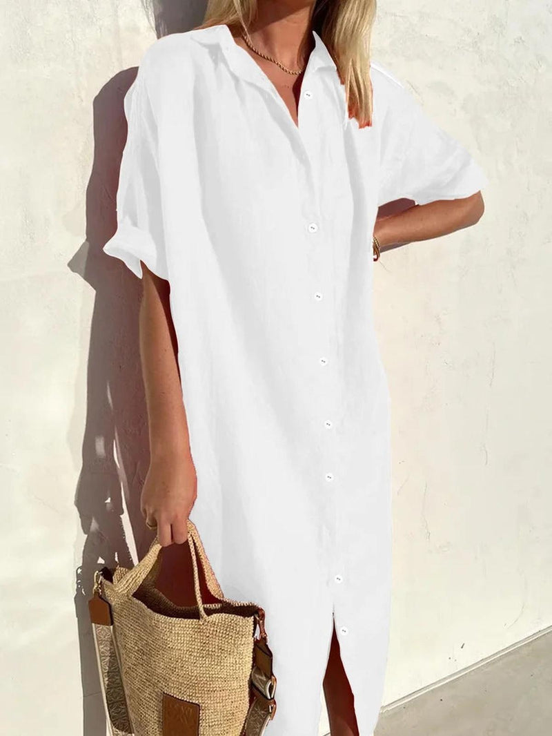 Women&#39;s Cotton-Linen Button-Down Midi Shirt Dress