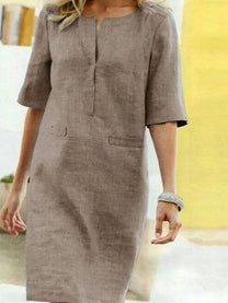 Women&#39;s Cotton Linen Shift Dress With V-Slit Neck