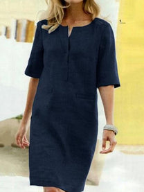 Women&#39;s Cotton Linen Shift Dress With V-Slit Neck