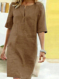 Women&#39;s Cotton Linen Shift Dress With V-Slit Neck