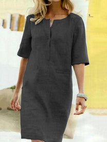 Women&#39;s Cotton Linen Shift Dress With V-Slit Neck