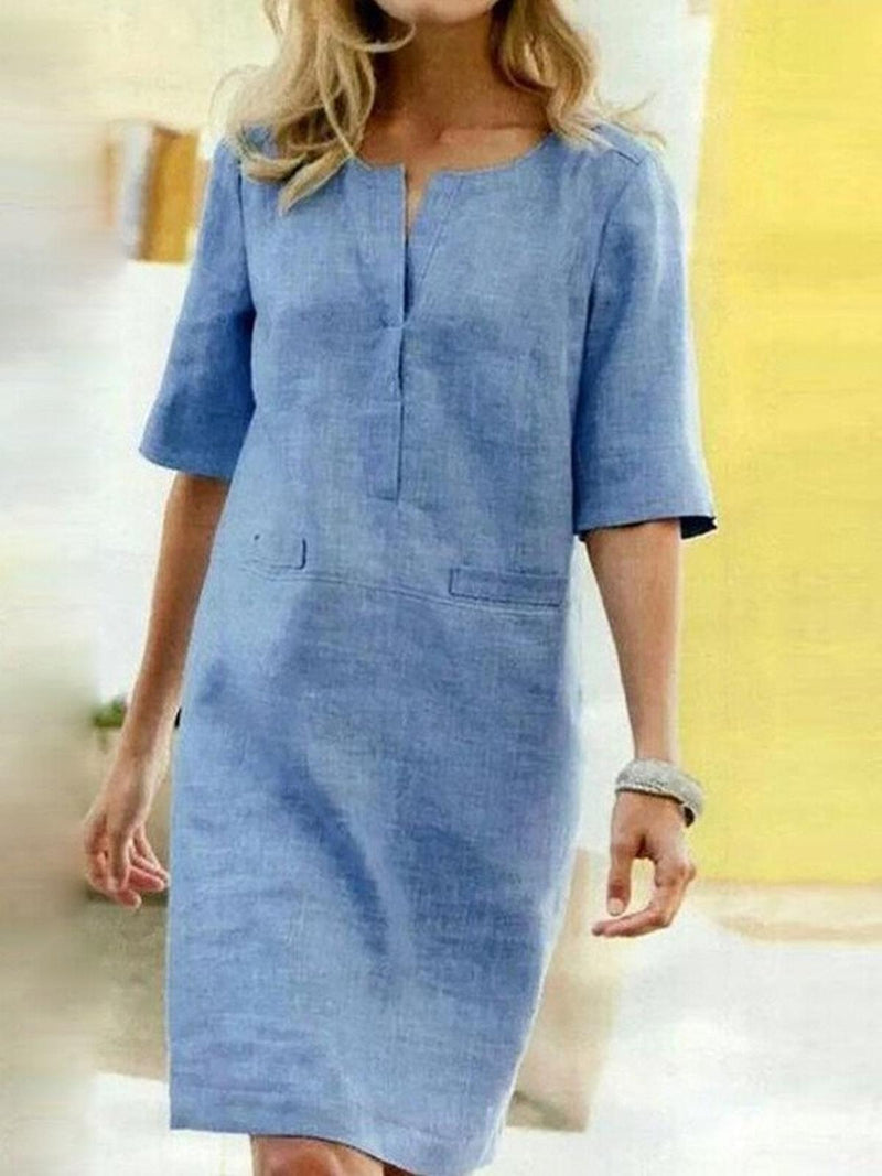 Women&#39;s Cotton Linen Shift Dress With V-Slit Neck
