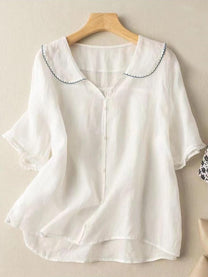 Women&#39;s Cotton Linen Short Sleeve Doll Collar Shirt