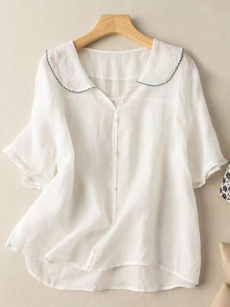 Women&#39;s Cotton Linen Short Sleeve Doll Collar Shirt
