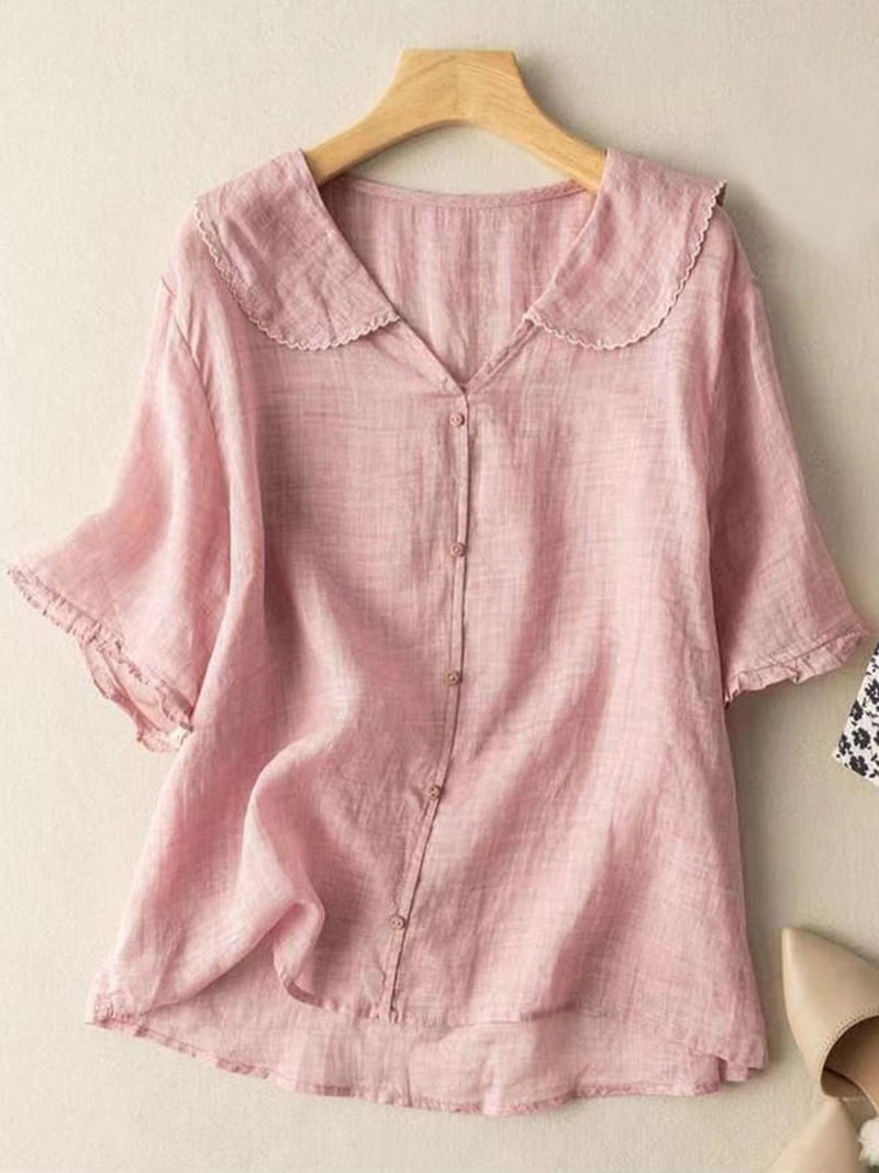 Women&#39;s Cotton Linen Short Sleeve Doll Collar Shirt