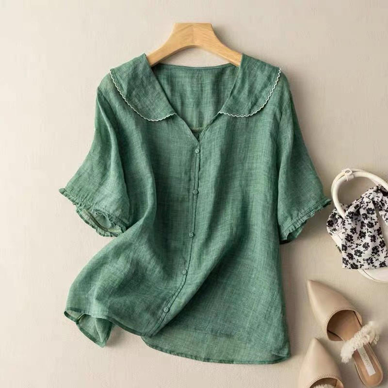 Women&#39;s Cotton Linen Short Sleeve Doll Collar Shirt