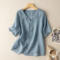 Women&#39;s Cotton Linen Short Sleeve Doll Collar Shirt