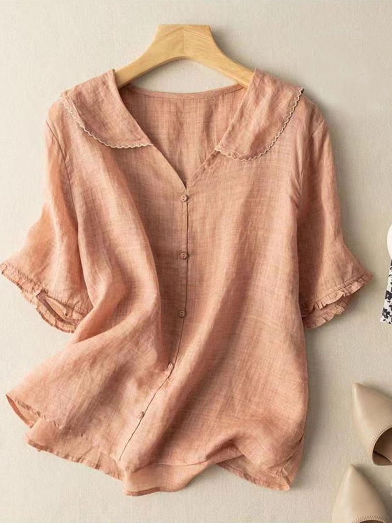 Women&#39;s Cotton Linen Short Sleeve Doll Collar Shirt