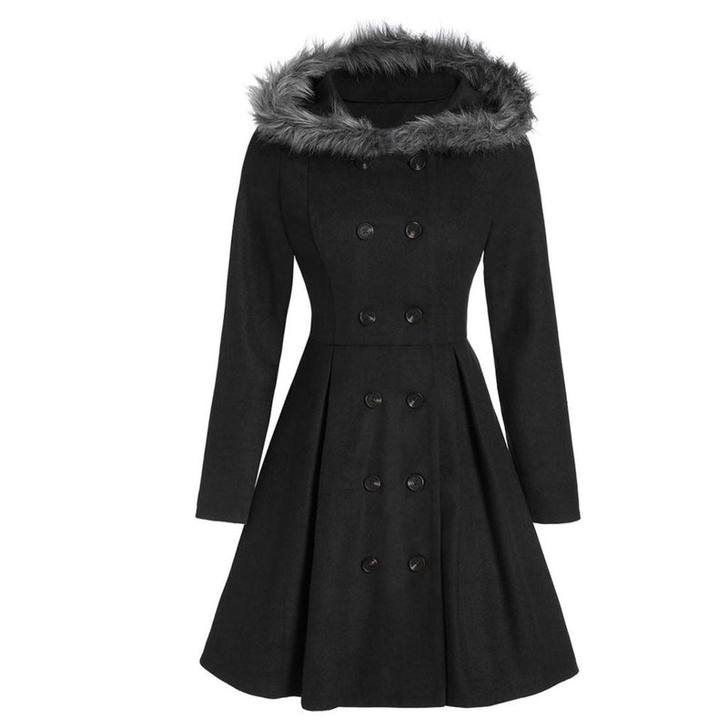 Women&#39;s Double-Breasted Winter Coat With Fur Hood