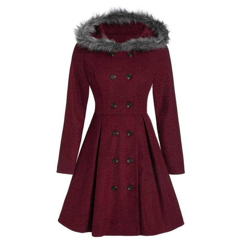 Women&#39;s Double-Breasted Winter Coat With Fur Hood