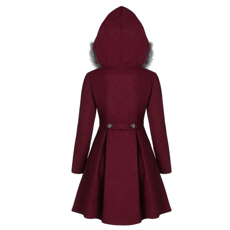 Women&#39;s Double-Breasted Winter Coat With Fur Hood