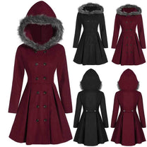 Women&#39;s Double-Breasted Winter Coat With Fur Hood