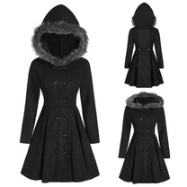 Women&#39;s Double-Breasted Winter Coat With Fur Hood