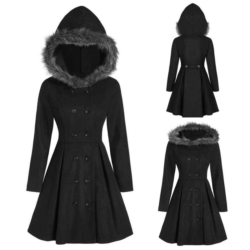 Women&#39;s Double-Breasted Winter Coat With Fur Hood