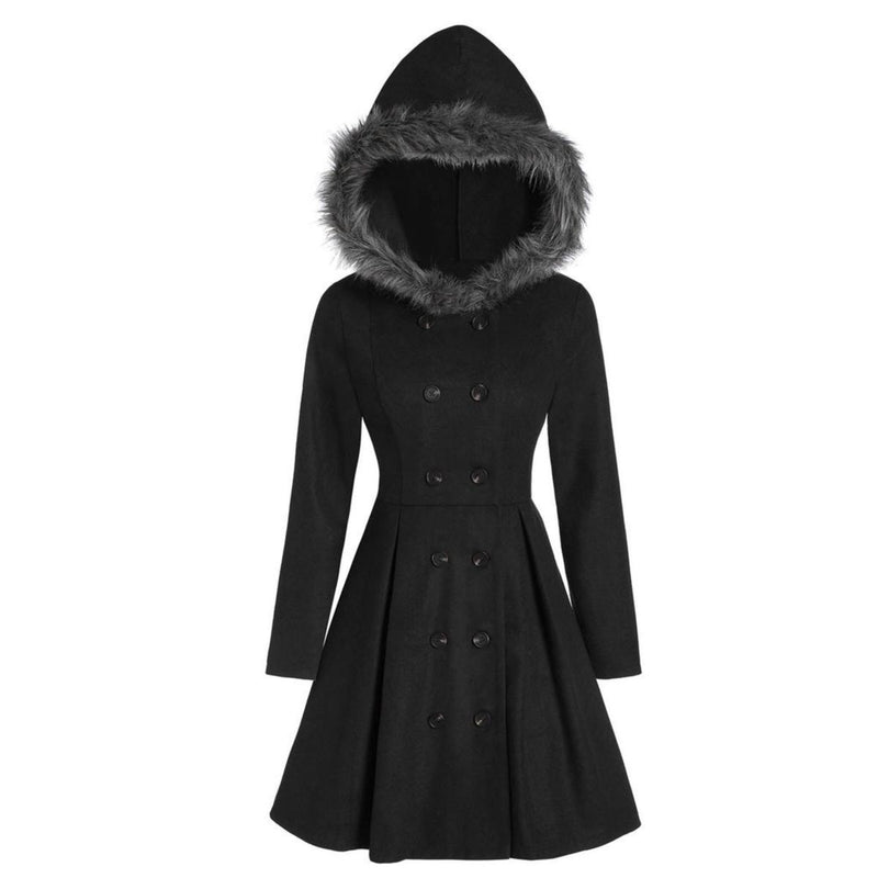 Women&#39;s Double-Breasted Winter Coat With Fur Hood