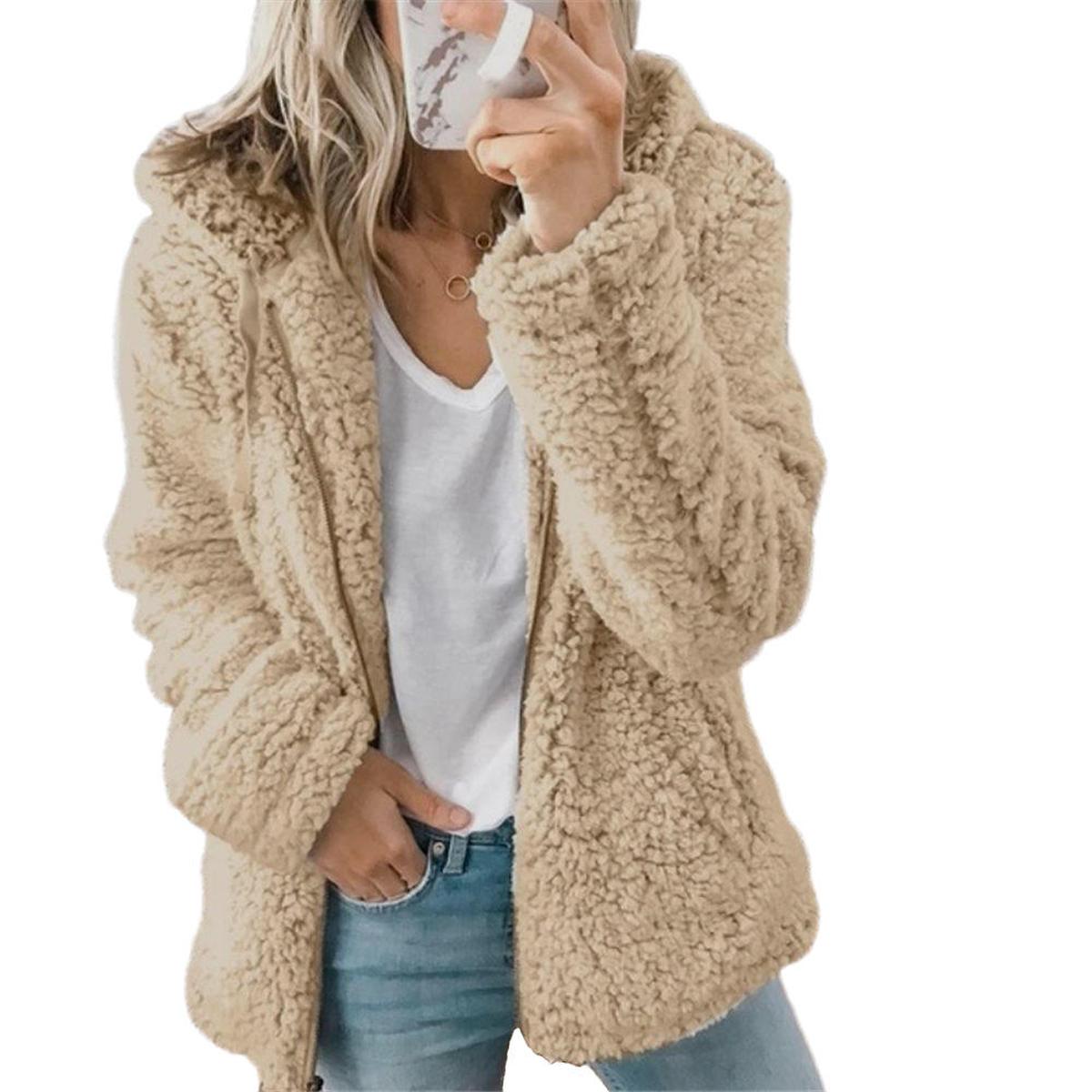 Women&#39;s Elegant Teddy Fleece Coat With Pockets And Zipper