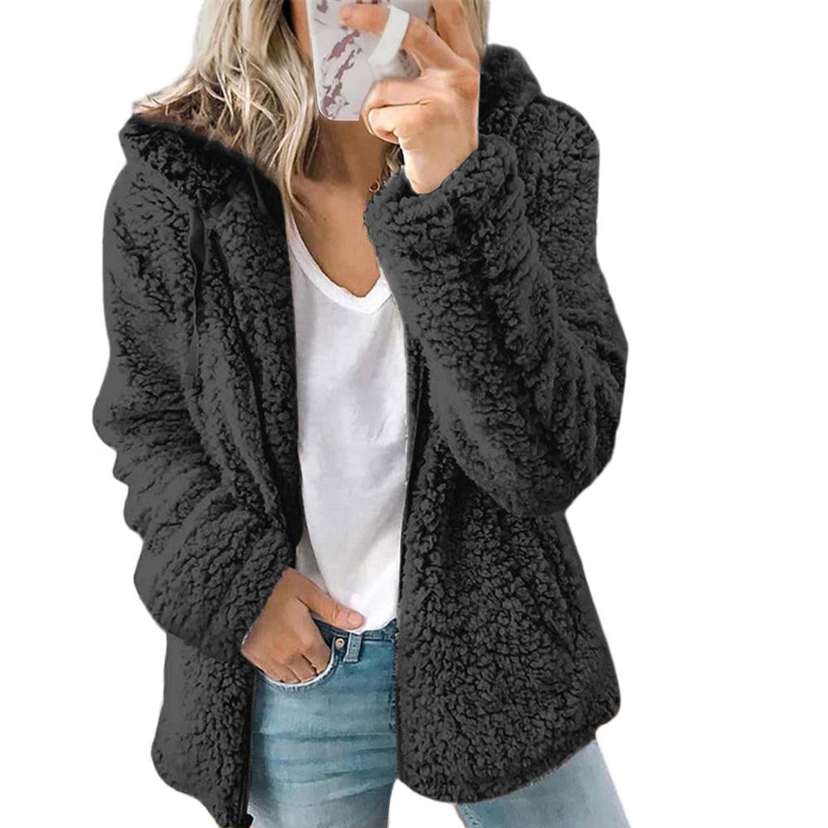 Women&#39;s Elegant Teddy Fleece Coat With Pockets And Zipper