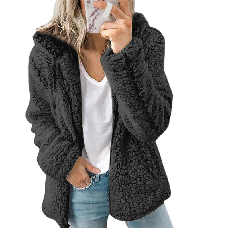 Women&#39;s Elegant Teddy Fleece Coat With Pockets And Zipper