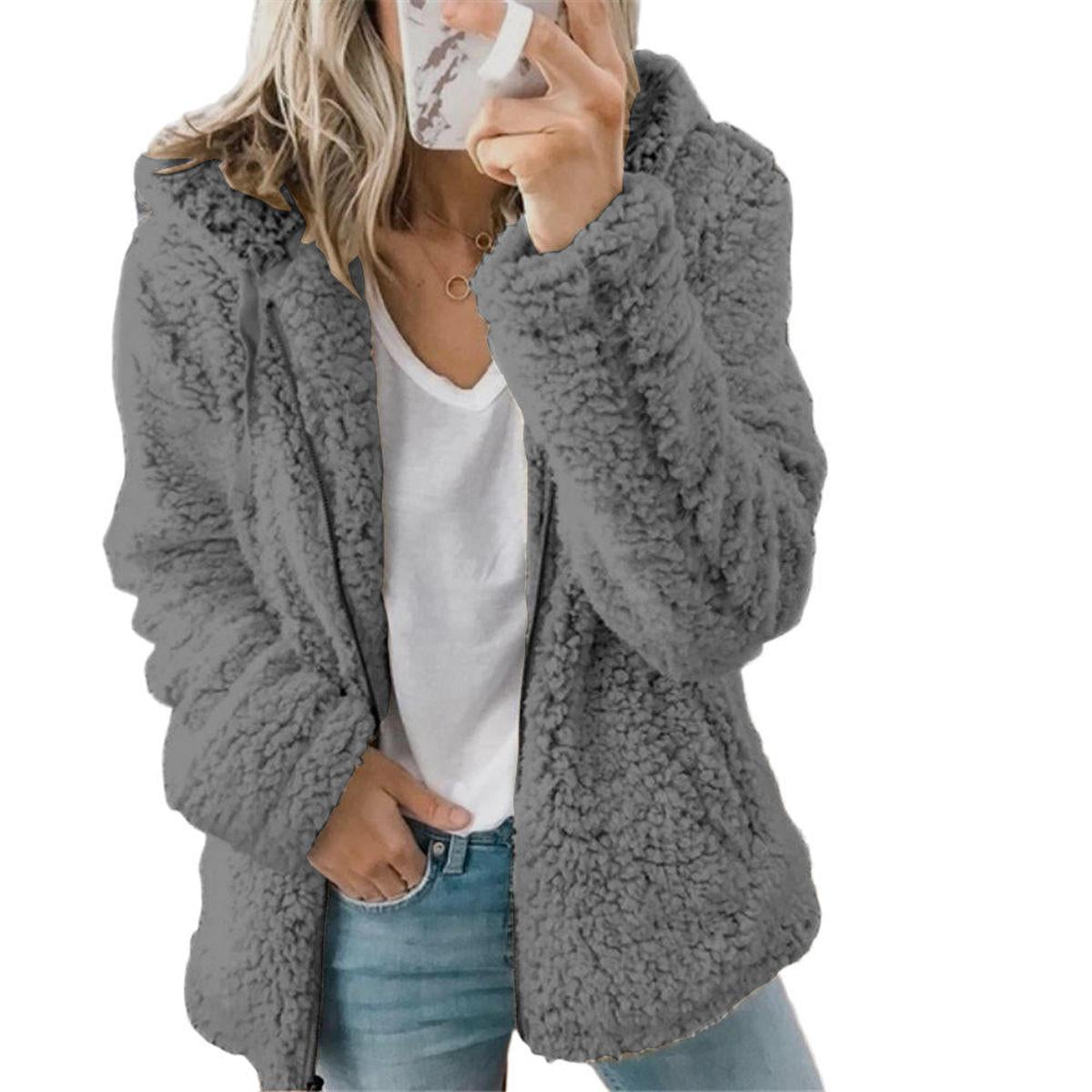 Women&#39;s Elegant Teddy Fleece Coat With Pockets And Zipper