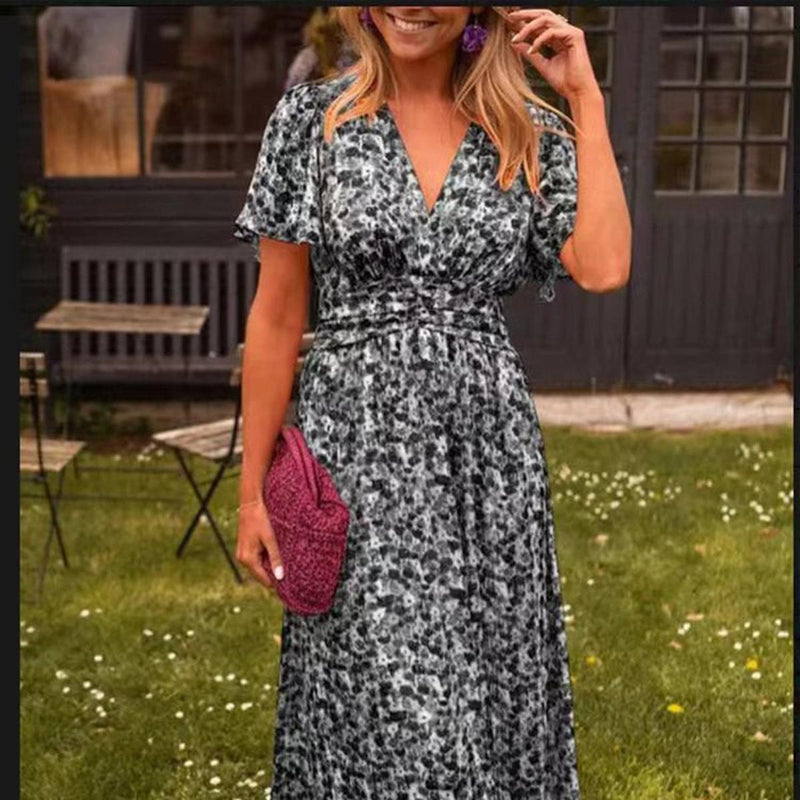 Women&#39;s Elegant V-Neck Maxi Dress With Puff Sleeves