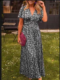 Women&#39;s Elegant V-Neck Maxi Dress With Puff Sleeves